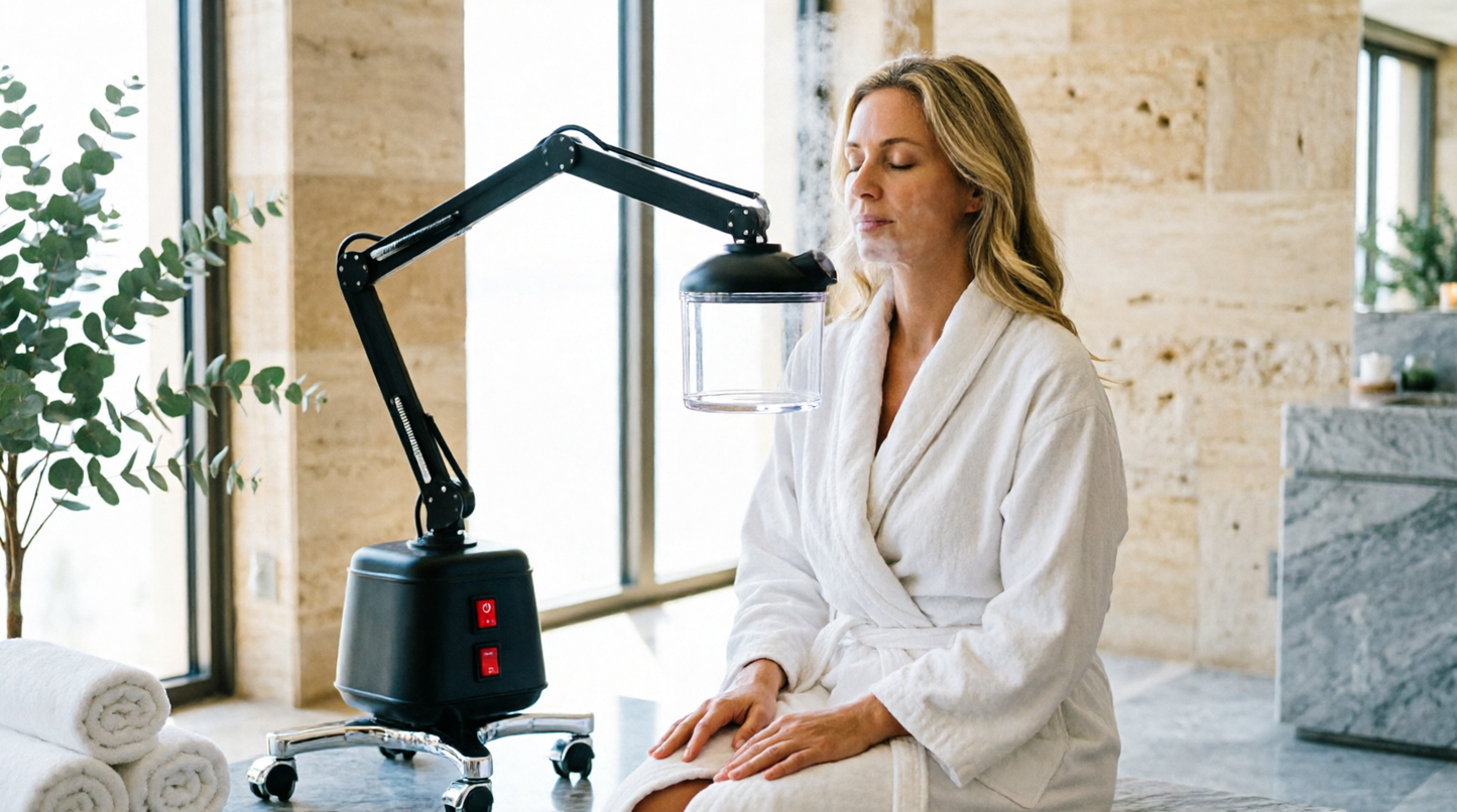 Femme en peignoir profitant du vaporisateur facial dans un spa premium