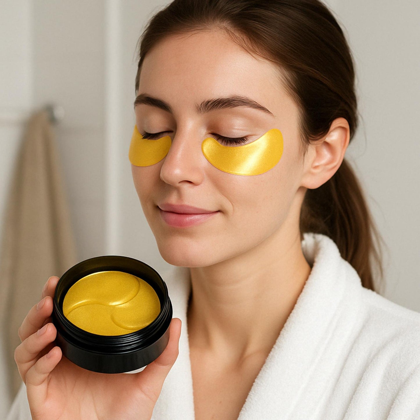 Patchs dorés sous les yeux application soin hydratation intense