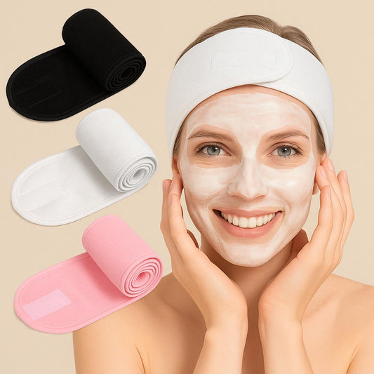 Bandeau cosmétique réglable blanc porté pendant routine soin visage