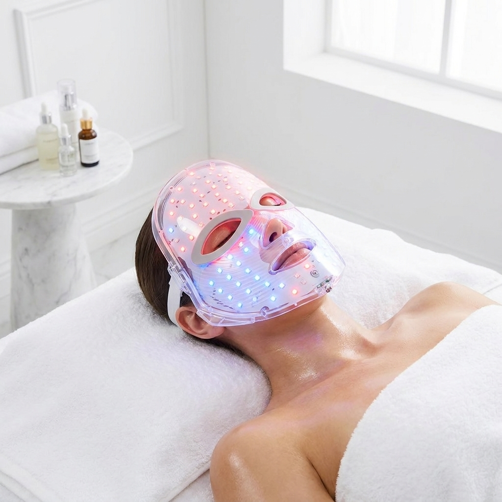 Femme portant le Masque LED Boutique Éclat - luminothérapie soin spa
